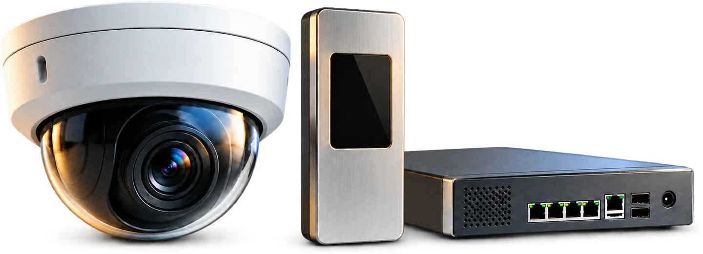 Concept illustration of a camera, access reader and network appliance, representing connected security and IT