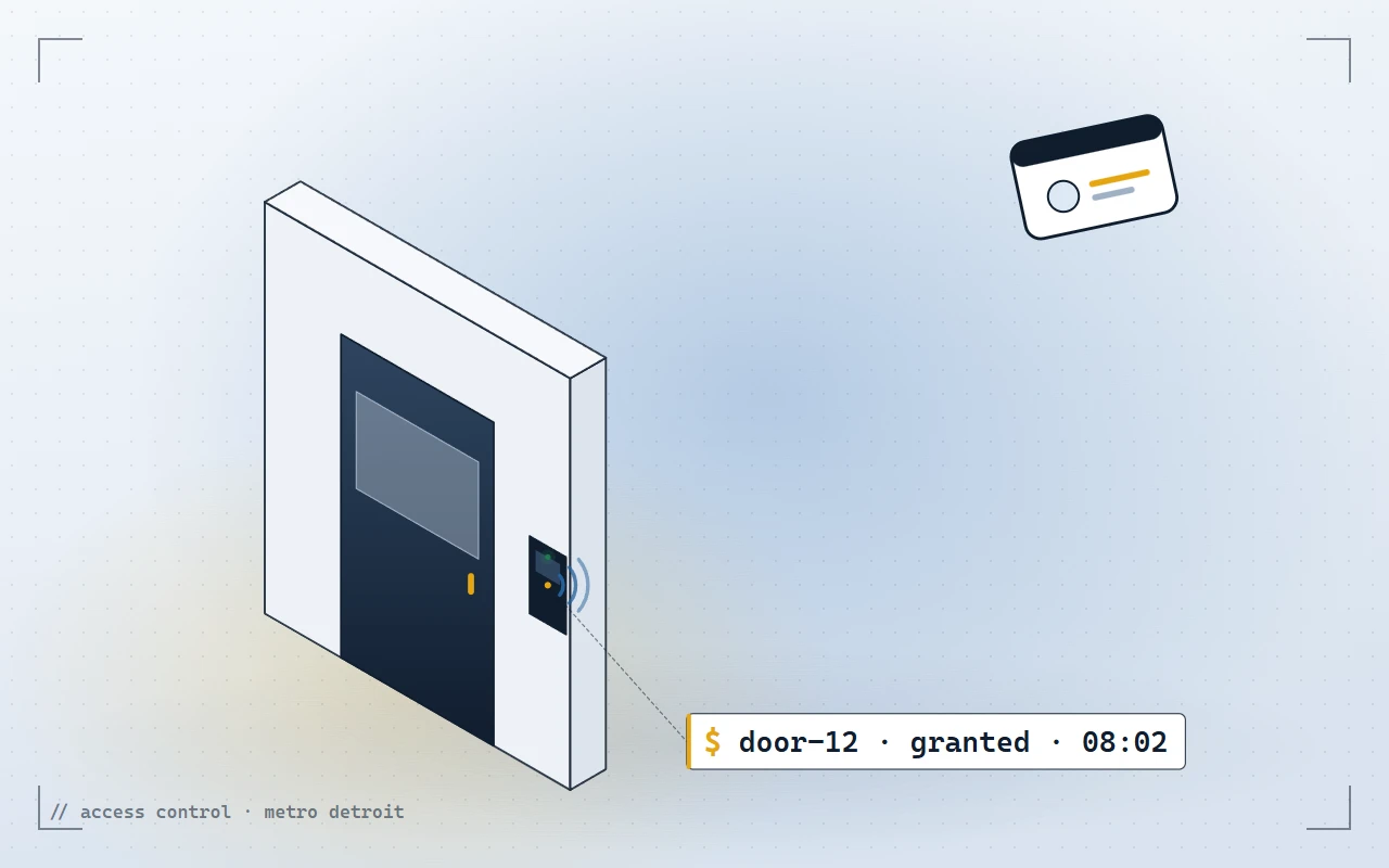 Illustration of a door with a card reader and an access badge