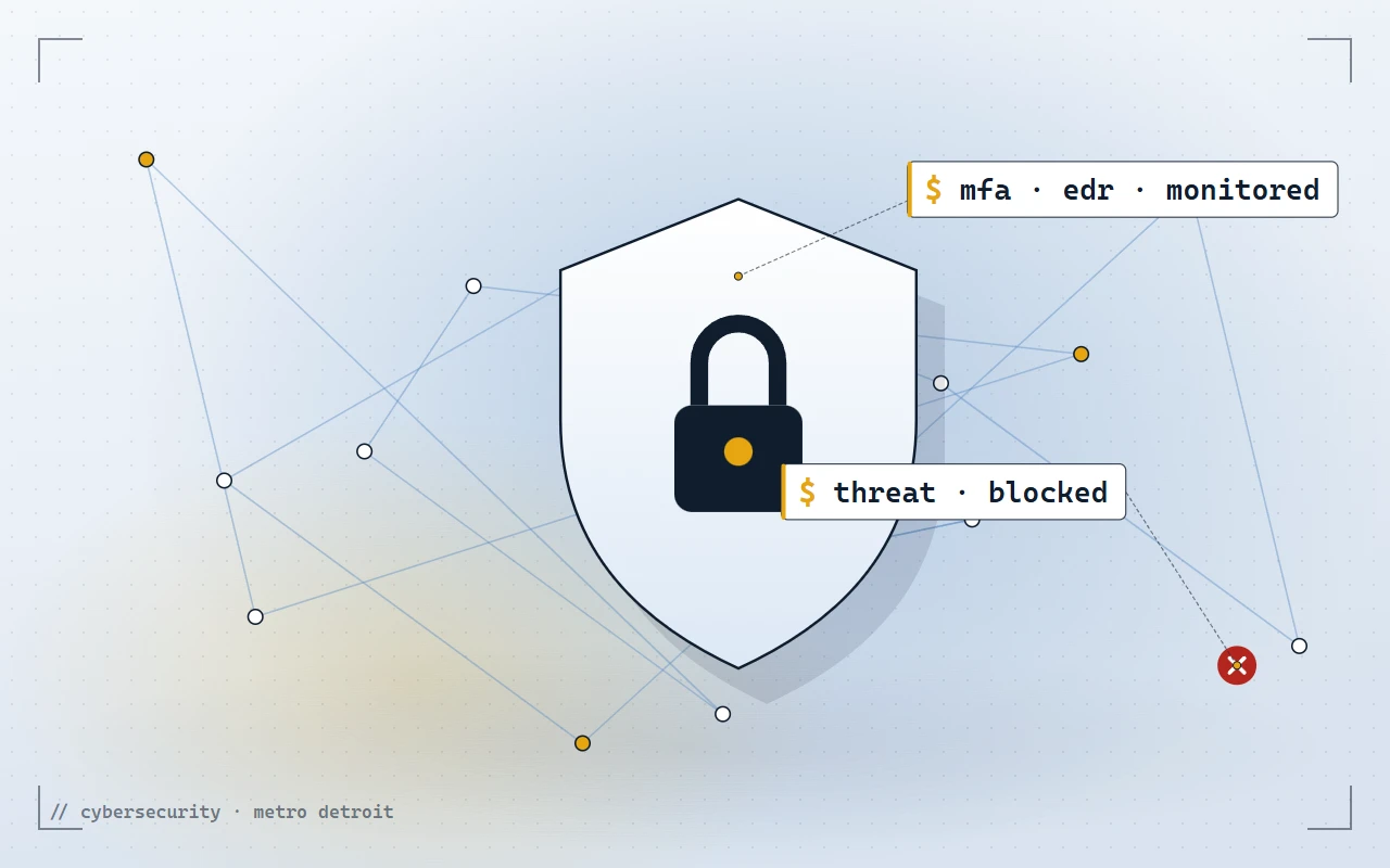 Illustration of a protected network with multi-factor sign-in and a blocked threat