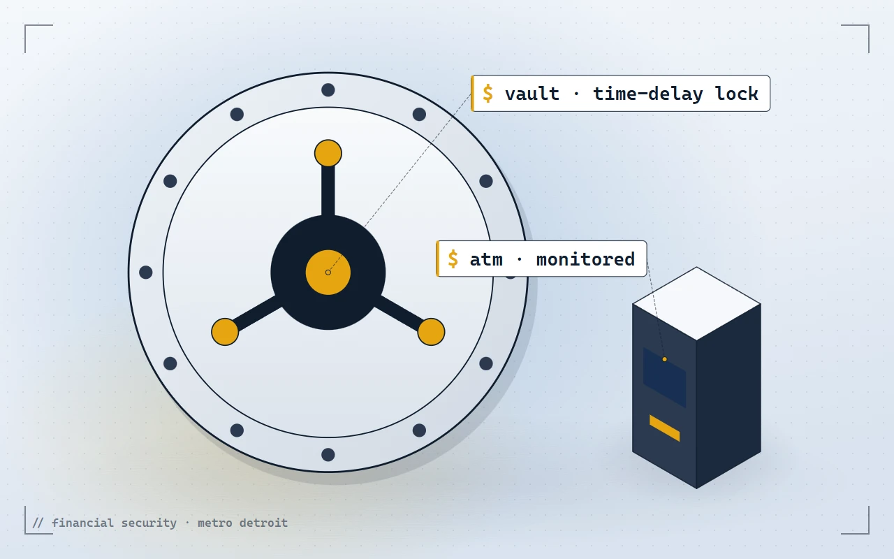 Illustration of a bank vault door and a monitored ATM