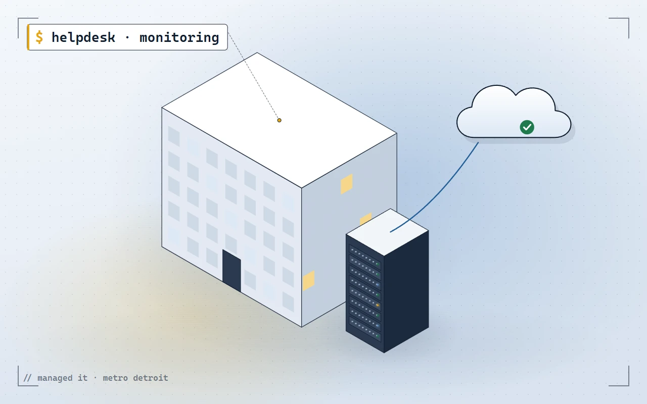 Illustration of a business building with monitored IT and cloud backup