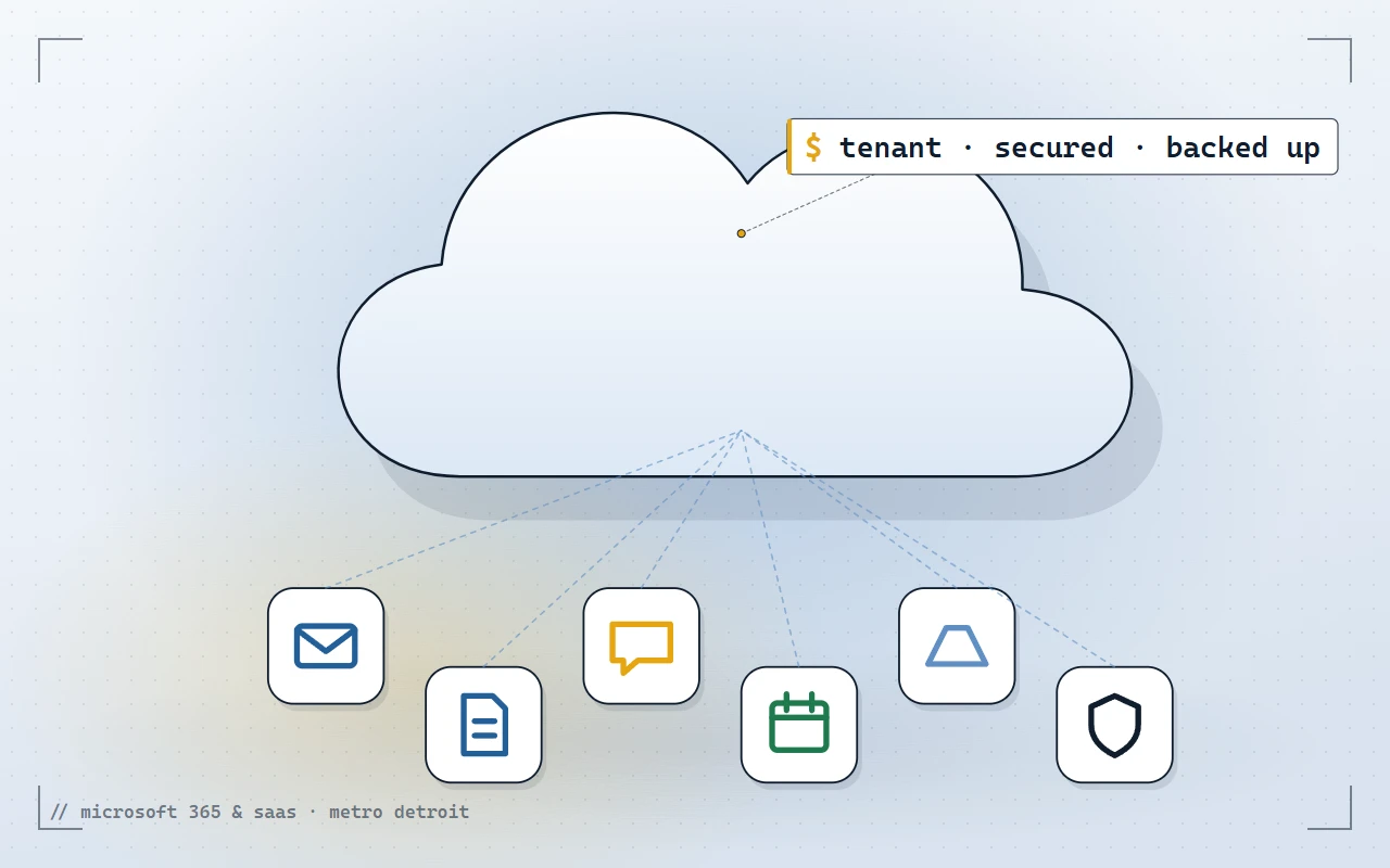 Illustration of cloud email, documents, chat and calendar secured together