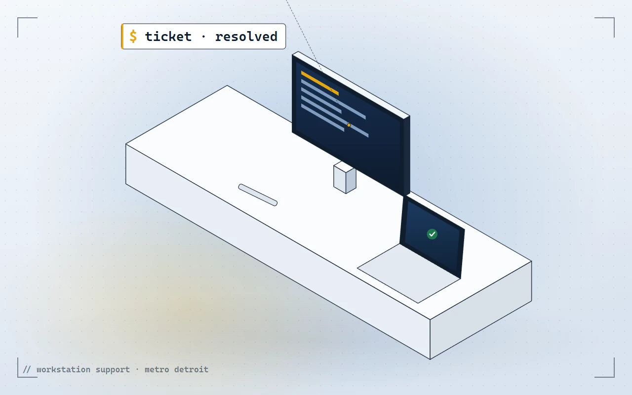 Illustration of a supported workstation with a resolved help ticket
