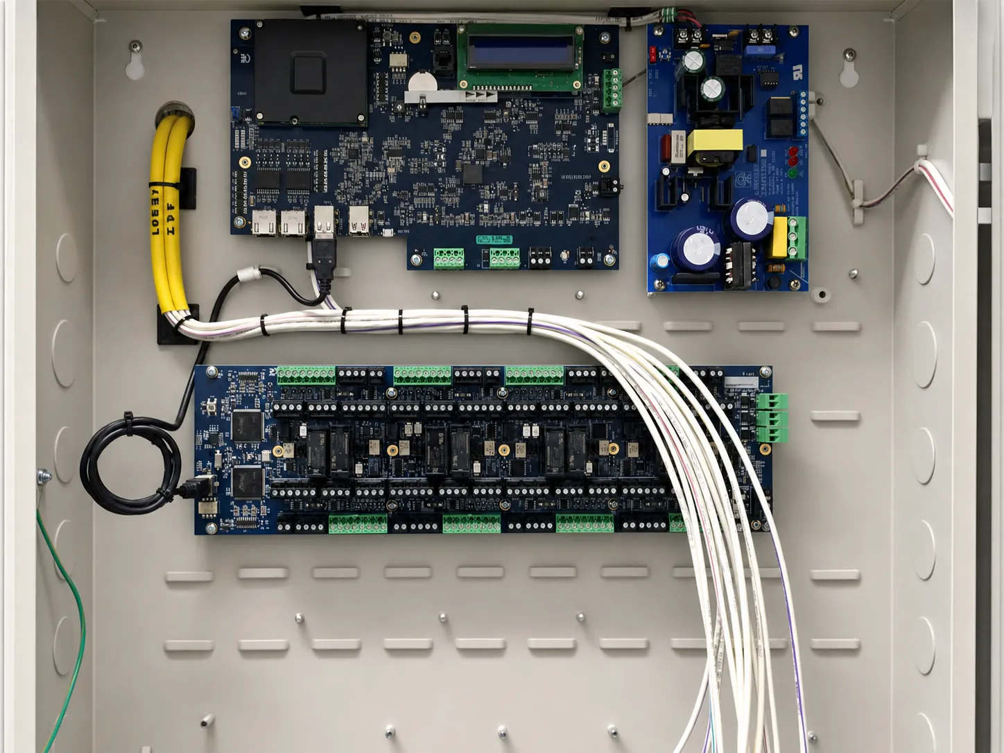 Access control boards being commissioned as part of an integrated commercial security system