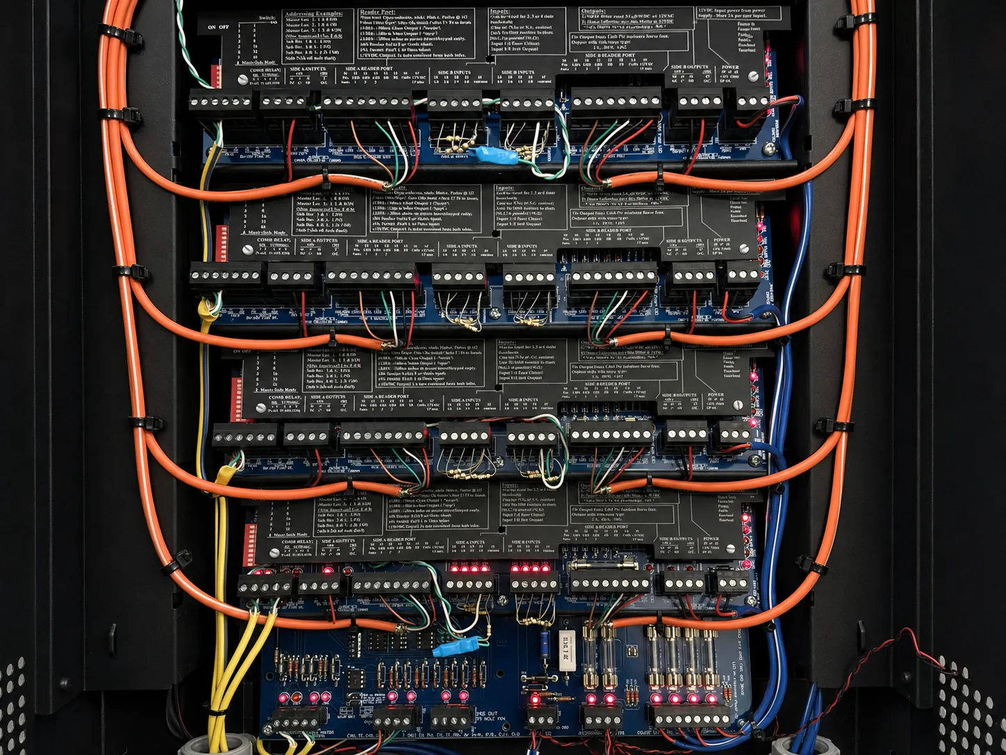 Detailed view of professional access control panel wiring and commissioning workmanship