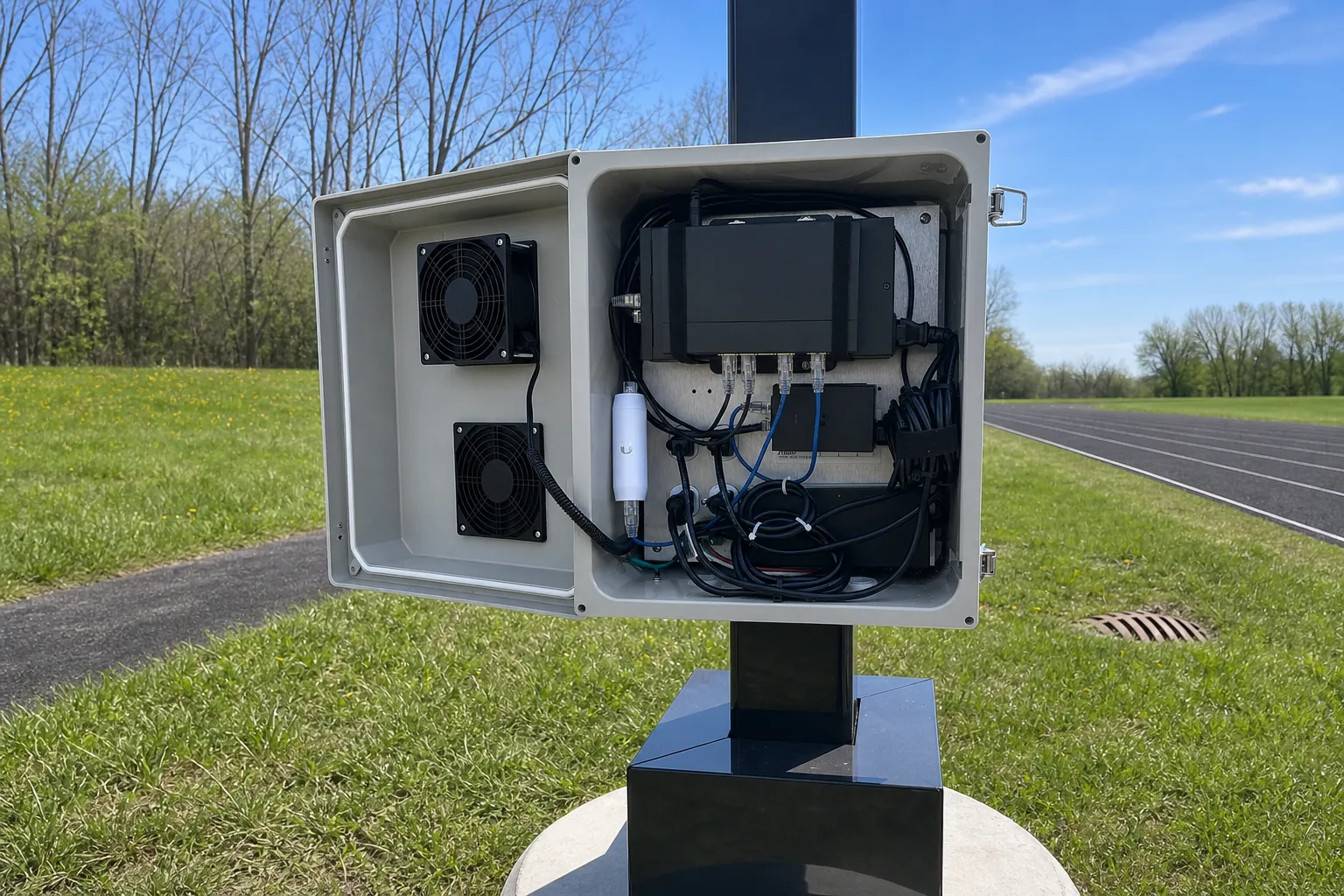 Weatherproof outdoor network enclosure supporting a commercial surveillance system