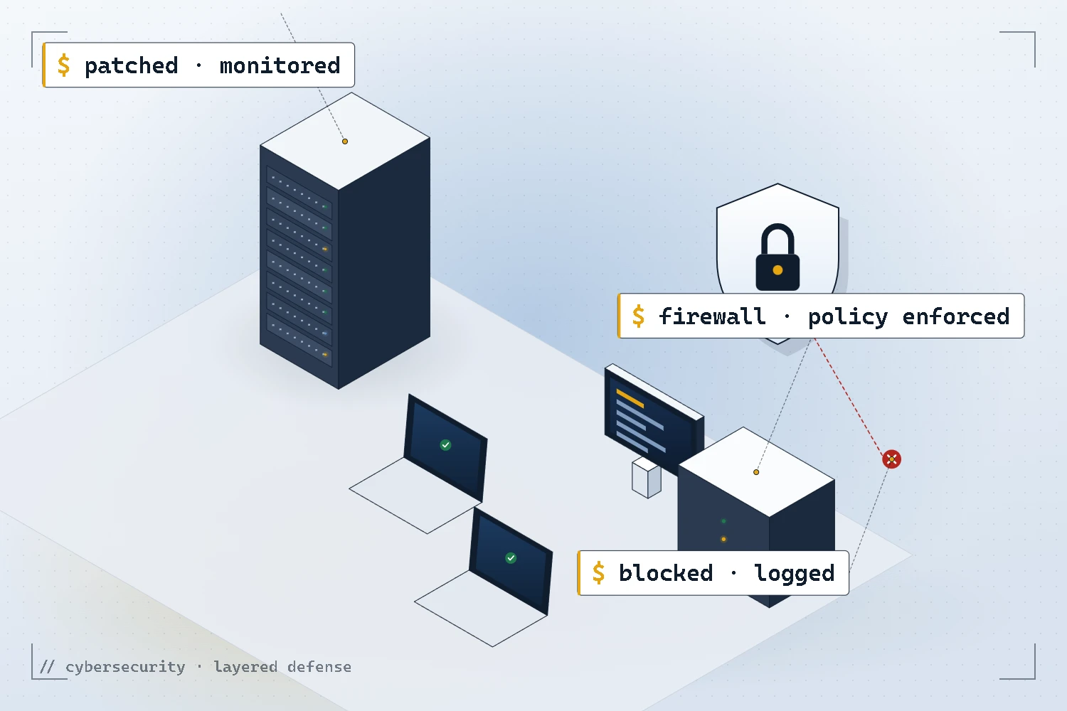 Illustration of layered cyber defense: firewall policy, patched servers and blocked threats