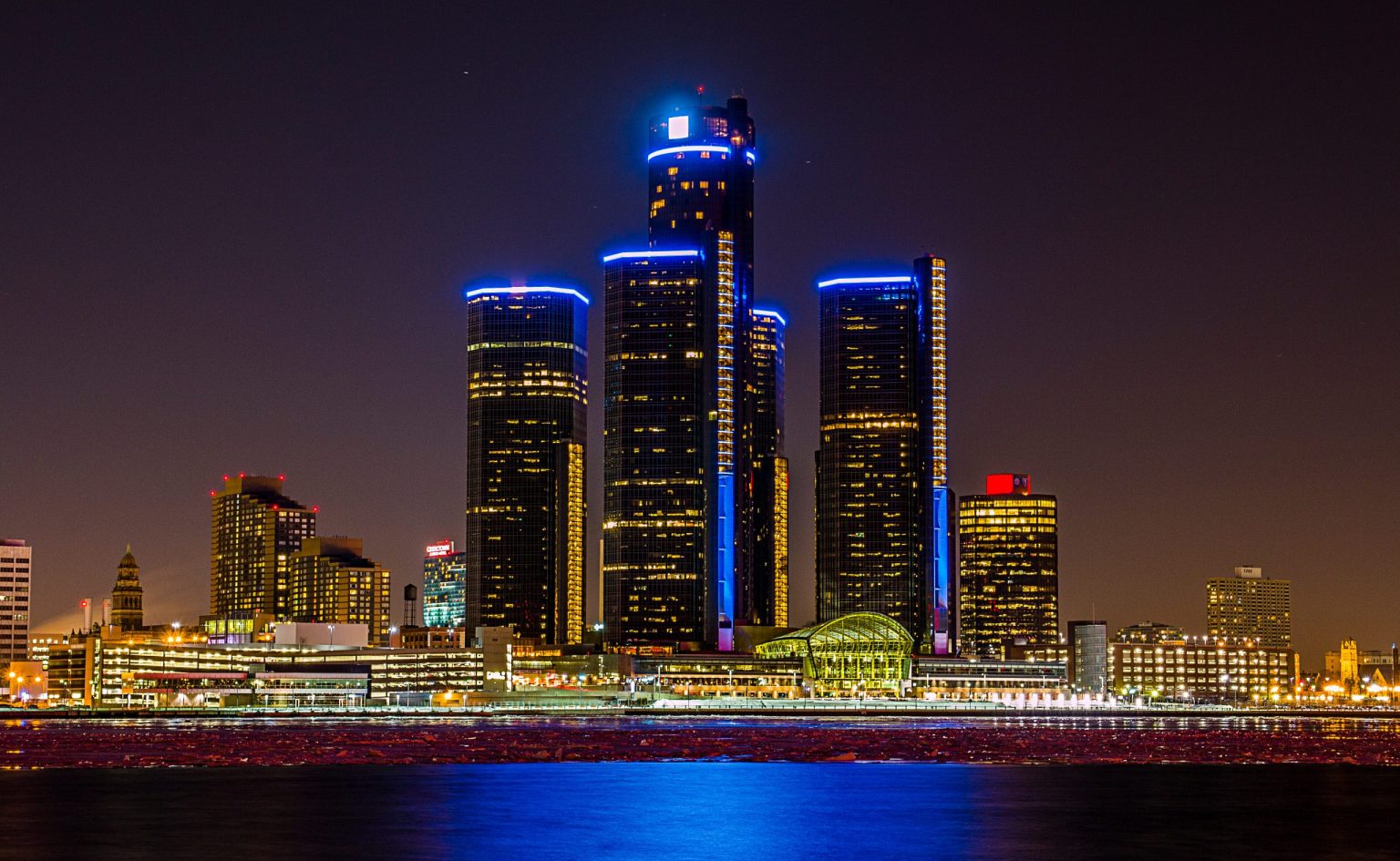 Detroit skyline across the river at night